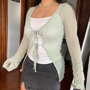Light Green Sheer Tie-Front Cardigan